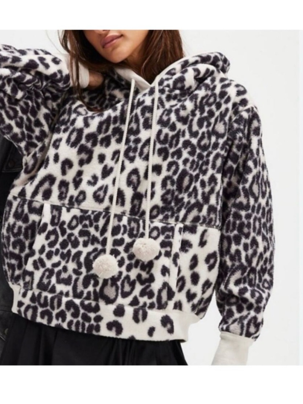 Free People With Love Sweatshirt in Snow Leopard Combo Fleece Warm Fuzzy Hoodie